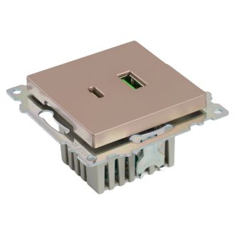 Розетка 2-местная USB + type C (механизм), STEKKER GLS10-7116-02, 250B, 3A, max 20W, серия Катрин, шампань, 50056