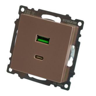 Розетка 2-местная USB + type C (механизм), STEKKER GLS10-7116-02, 250B, 3A, max 20W, серия Катрин, шампань, 50056