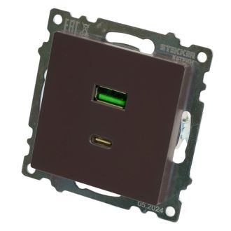 Розетка 2-местная USB + type C, STEKKER GLS10-7116-04, 250В, 3А, max 20W, серия Катрин, шоколад, 50057