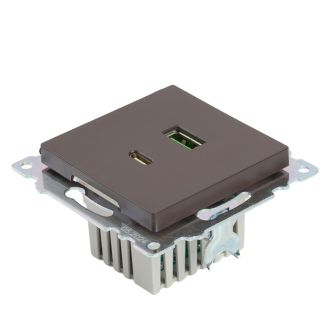 Розетка 2-местная USB + type C, STEKKER GLS10-7116-04, 250В, 3А, max 20W, серия Катрин, шоколад, 50057