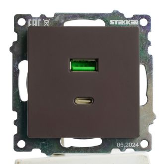 Розетка 2-местная USB + type C, STEKKER GLS10-7116-04, 250В, 3А, max 20W, серия Катрин, шоколад, 50057