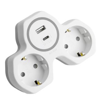 Разветвитель сетевой 2-местный с/з STEKKER ADP16-15-20, 250V, 16A и USB+Type C на 2.4А, белый/серый, 50071