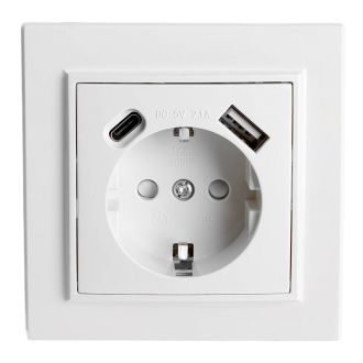 Розетка 1-местная STEKKER, PST16-9016-01, 250В, 2.1А с USB+ type C, серия Эрна, белый, 50076