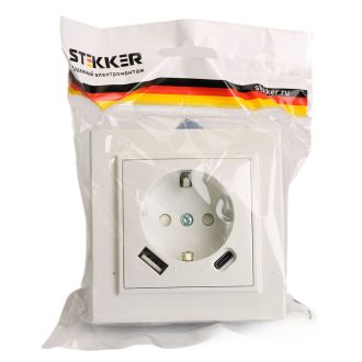 Розетка 1-местная STEKKER, PST16-9016-01, 250В, 2.1А с USB+ type C, серия Эрна, белый, 50076