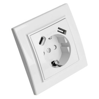 Розетка 1-местная STEKKER, PST16-9016-01, 250В, 2.1А с USB+ type C, серия Эрна, белый, 50076