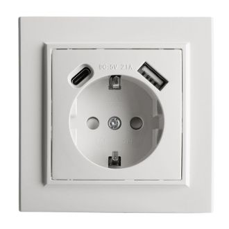 Розетка 1-местная STEKKER, PST16-9016-01, 250В, 2.1А с USB+ type C, серия Эрна, белый, 50076