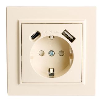 Розетка 1-местная с/з STEKKER, PST16-9016-02, 250В, 16А с USB+ type C, серия Эрна, слоновая кость, 50077