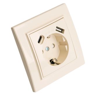 Розетка 1-местная с/з STEKKER, PST16-9016-02, 250В, 16А с USB+ type C, серия Эрна, слоновая кость, 50077