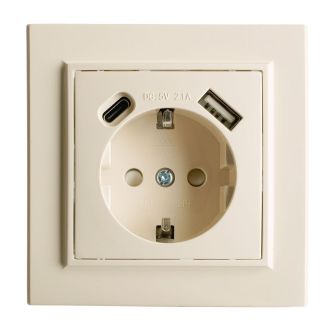 Розетка 1-местная с/з STEKKER, PST16-9016-02, 250В, 16А с USB+ type C, серия Эрна, слоновая кость, 50077