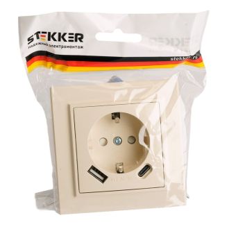 Розетка 1-местная с/з STEKKER, PST16-9016-02, 250В, 16А с USB+ type C, серия Эрна, слоновая кость, 50077