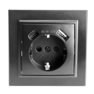 Розетка 1-местная с/з STEKKER, PST16-9016-03, 250В, 16А с USB+ type C, серия Эрна, черный, 50078