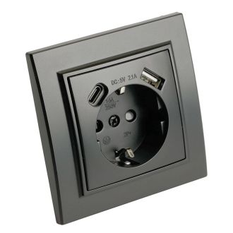 Розетка 1-местная с/з STEKKER, PST16-9016-03, 250В, 16А с USB+ type C, серия Эрна, черный, 50078