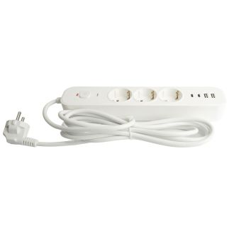 Сетевой фильтр 3-местный с/з STEKKER 3x1мм2, 3 м, 250В, 16А, 2 USB-A+2 Type-C 3, серия Nova, белый, 50100