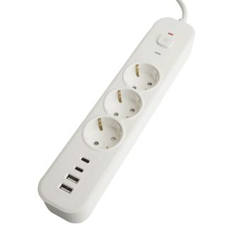 Сетевой фильтр 3-местный с/з STEKKER 3x1мм2, 5 м, 250В, 16А, 2 USB-A+2 Type-C 3, серия Nova, белый, 50101