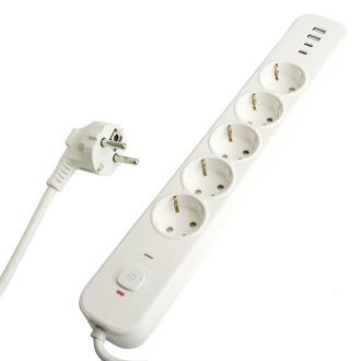 Сетевой фильтр 5-местный с/з STEKKER3x1мм2, 1,8 м, 250В, 16А, 2 USB-A+2 Type-C, серия Nova, белый, 50102