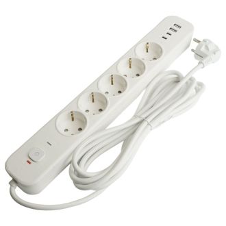 Сетевой фильтр 5-местный с/з STEKKER3x1мм2, 1,8 м, 250В, 16А, 2 USB-A+2 Type-C, серия Nova, белый, 50102