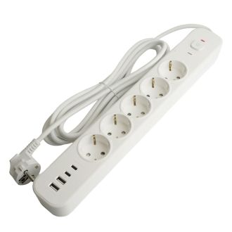 Сетевой фильтр 5-местный с/з STEKKER 3x1мм2, 3 м, 250В, 16А, 2 USB-A+2 Type-C 3, серия Nova, белый, 50103