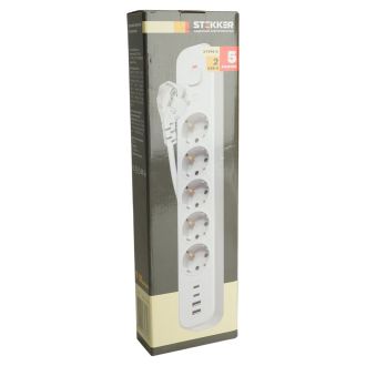 Сетевой фильтр 5-местный с/з STEKKER 3x1мм2, 3 м, 250В, 16А, 2 USB-A+2 Type-C 3, серия Nova, белый, 50103