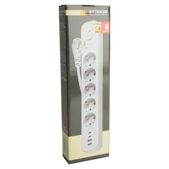 Сетевой фильтр 5-местный с/з STEKKER 3x1мм2, 5 м, 250В, 16А, 2 USB-A+2 Type-C 3, серия Nova, белый, 50104