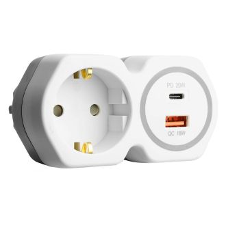 Разветвитель сетевой на 1 выход с/з STEKKER 250В, 16А, USB A+ Type C, 2,4А, PD, белый/серый, ADP16-16-20, 50109