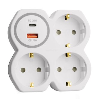 Разветвитель сетевой на 3 выхода с/з, STEKKER, 250В, 16А, USB A+Type C, 2,4А, PD, белый/серый ADP16-17-20, 50110