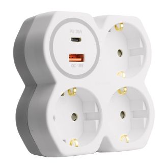 Разветвитель сетевой на 3 выхода с/з, STEKKER, 250В, 16А, USB A+Type C, 2,4А, PD, белый/серый ADP16-17-20, 50110