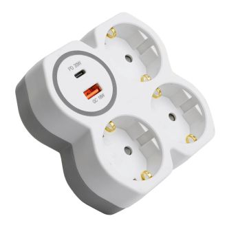 Разветвитель сетевой на 3 выхода с/з, STEKKER, 250В, 16А, USB A+Type C, 2,4А, PD, белый/серый ADP16-17-20, 50110