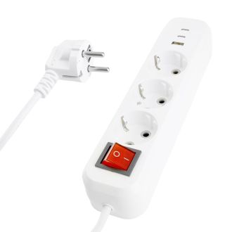Удлинитель 3-местный с/з с выключ. STEKKER HM071-31-02 3x1мм2, 2м, 250В, 16А, 1USB+2C, 2.4A, сер Home, белый, 50136