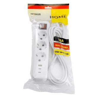 Удлинитель 3-местный с/з с выключ. STEKKER HM071-31-02 3x1мм2, 2м, 250В, 16А, 1USB+2C, 2.4A, сер Home, белый, 50136