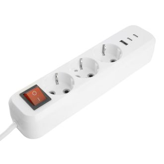 Удлинитель 3-местный с/з с выключ. STEKKER HM071-31-02 3x1мм2, 2м, 250В, 16А, 1USB+2C, 2.4A, сер Home, белый, 50136