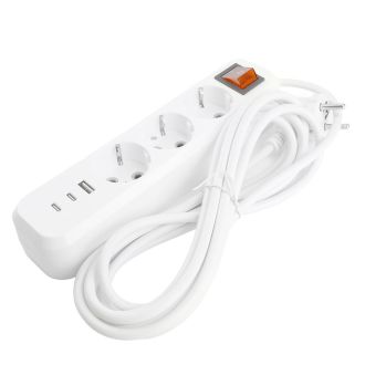 Удлинитель 3-местный с/з с выключ. STEKKER HM071-31-02 3x1мм2, 2м, 250В, 16А, 1USB+2C, 2.4A, сер Home, белый, 50136