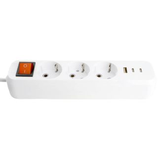 Удлинитель 3-местный с/з с выключ. STEKKER HM071-31-02 3x1мм2, 2м, 250В, 16А, 1USB+2C, 2.4A, сер Home, белый, 50136