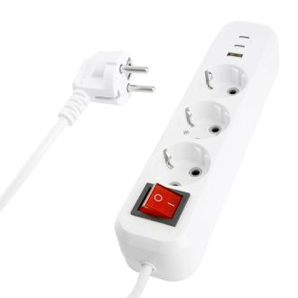 Удлинитель 3-местный с/з с выключ. STEKKER HM071-31-03 3x1мм2, 3м, 250В, 16А, 1USB+2C, 2.4A, сер Home, белый, 50137