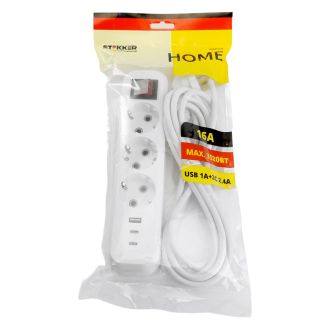 Удлинитель 3-местный с/з с выключ. STEKKER HM071-31-03 3x1мм2, 3м, 250В, 16А, 1USB+2C, 2.4A, сер Home, белый, 50137
