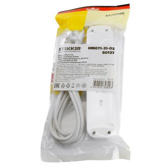 Удлинитель 3-местный с/з с выключ. STEKKER HM071-31-03 3x1мм2, 3м, 250В, 16А, 1USB+2C, 2.4A, сер Home, белый, 50137