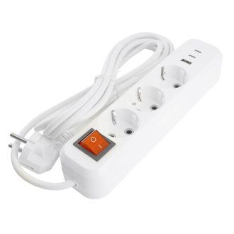Удлинитель 3-местный с/з с выключ. STEKKER HM071-31-03 3x1мм2, 3м, 250В, 16А, 1USB+2C, 2.4A, сер Home, белый, 50137