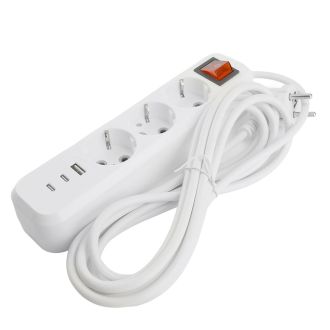 Удлинитель 3-местный с/з с выключ. STEKKER HM071-31-03 3x1мм2, 3м, 250В, 16А, 1USB+2C, 2.4A, сер Home, белый, 50137