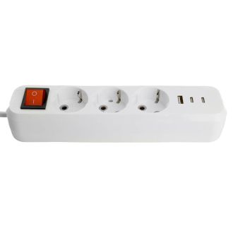 Удлинитель 3-местный с/з с выключ. STEKKER HM071-31-03 3x1мм2, 3м, 250В, 16А, 1USB+2C, 2.4A, сер Home, белый, 50137