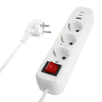 Удлинитель 3-местный с/з с выключ. STEKKER HM071-31-05 3x1мм2, 5м, 250В, 16А, 1USB+2C, 2.4A, сер Home, белый, 50138