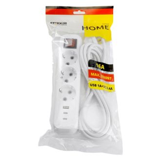 Удлинитель 3-местный с/з с выключ. STEKKER HM071-31-05 3x1мм2, 5м, 250В, 16А, 1USB+2C, 2.4A, сер Home, белый, 50138