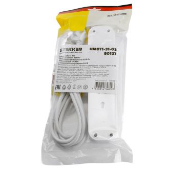 Удлинитель 3-местный с/з с выключ. STEKKER HM071-31-05 3x1мм2, 5м, 250В, 16А, 1USB+2C, 2.4A, сер Home, белый, 50138