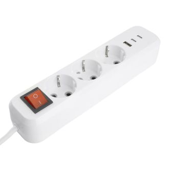 Удлинитель 3-местный с/з с выключ. STEKKER HM071-31-05 3x1мм2, 5м, 250В, 16А, 1USB+2C, 2.4A, сер Home, белый, 50138