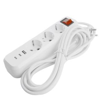 Удлинитель 3-местный с/з с выключ. STEKKER HM071-31-05 3x1мм2, 5м, 250В, 16А, 1USB+2C, 2.4A, сер Home, белый, 50138