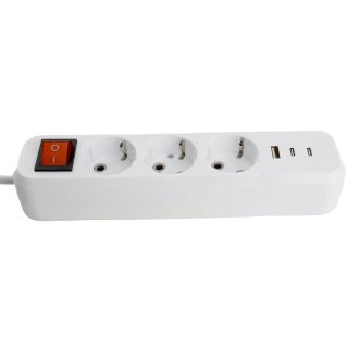 Удлинитель 3-местный с/з с выключ. STEKKER HM071-31-05 3x1мм2, 5м, 250В, 16А, 1USB+2C, 2.4A, сер Home, белый, 50138
