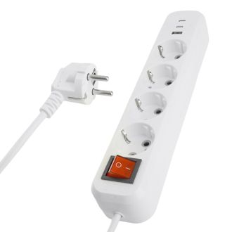 Удлинитель 4-местный с/з с выключ. STEKKER HM071-41-03 3x1мм2, 3м, 250В, 16А, 1USB+2C, 2.4A, сер Home, белый, 50140