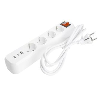 Удлинитель 4-местный с/з с выключ. STEKKER HM071-41-03 3x1мм2, 3м, 250В, 16А, 1USB+2C, 2.4A, сер Home, белый, 50140