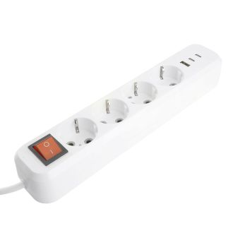 Удлинитель 4-местный с/з с выключ. STEKKER HM071-41-03 3x1мм2, 3м, 250В, 16А, 1USB+2C, 2.4A, сер Home, белый, 50140