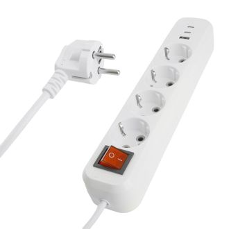 Удлинитель 4-местный с/з с выключ. STEKKER HM071-41-05 3x1мм2, 5м, 250В, 16А, 1USB+2C, 2.4A, сер Home, белый, 50141