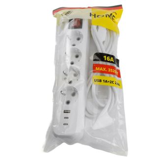 Удлинитель 4-местный с/з с выключ. STEKKER HM071-41-05 3x1мм2, 5м, 250В, 16А, 1USB+2C, 2.4A, сер Home, белый, 50141