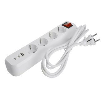 Удлинитель 4-местный с/з с выключ. STEKKER HM071-41-05 3x1мм2, 5м, 250В, 16А, 1USB+2C, 2.4A, сер Home, белый, 50141